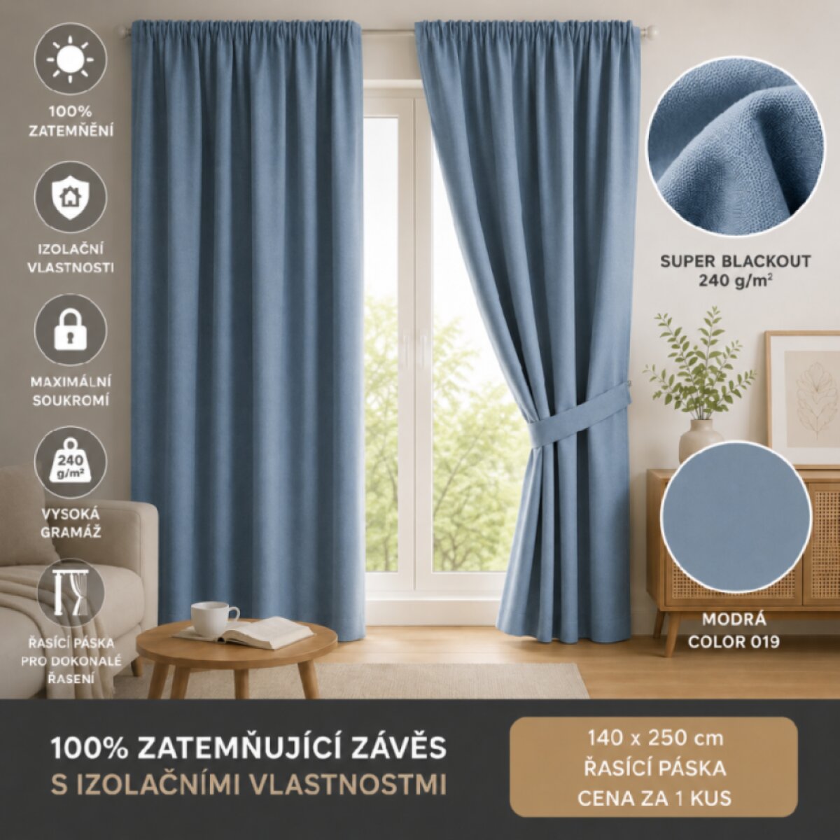 100% zatemňující závěs 140×250 cm SUPER BLACKOUT modrý 019 s řasící páskou