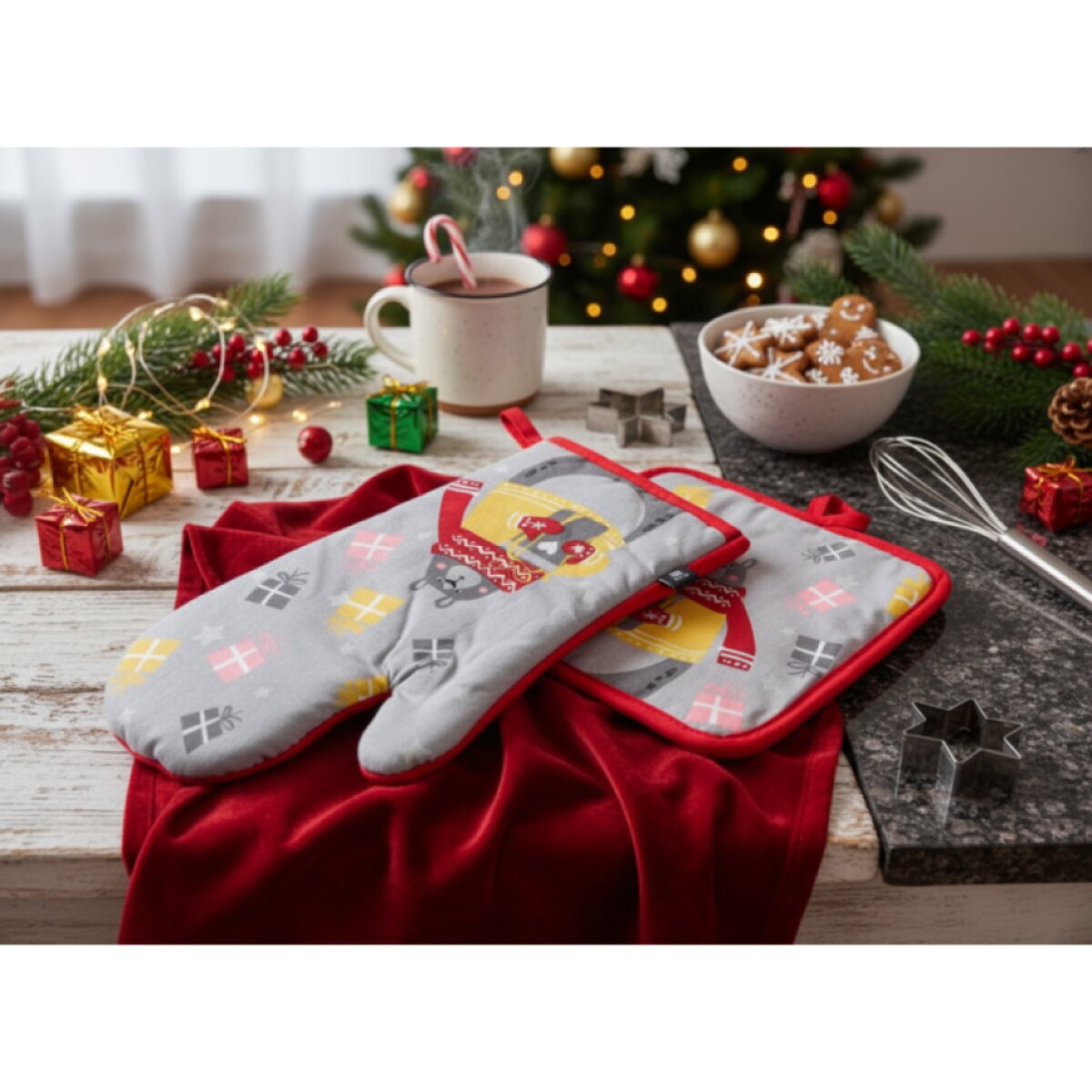 Vánoční kuchyňská rukavice a chňapka WINTER JOY šedá – 2 ks