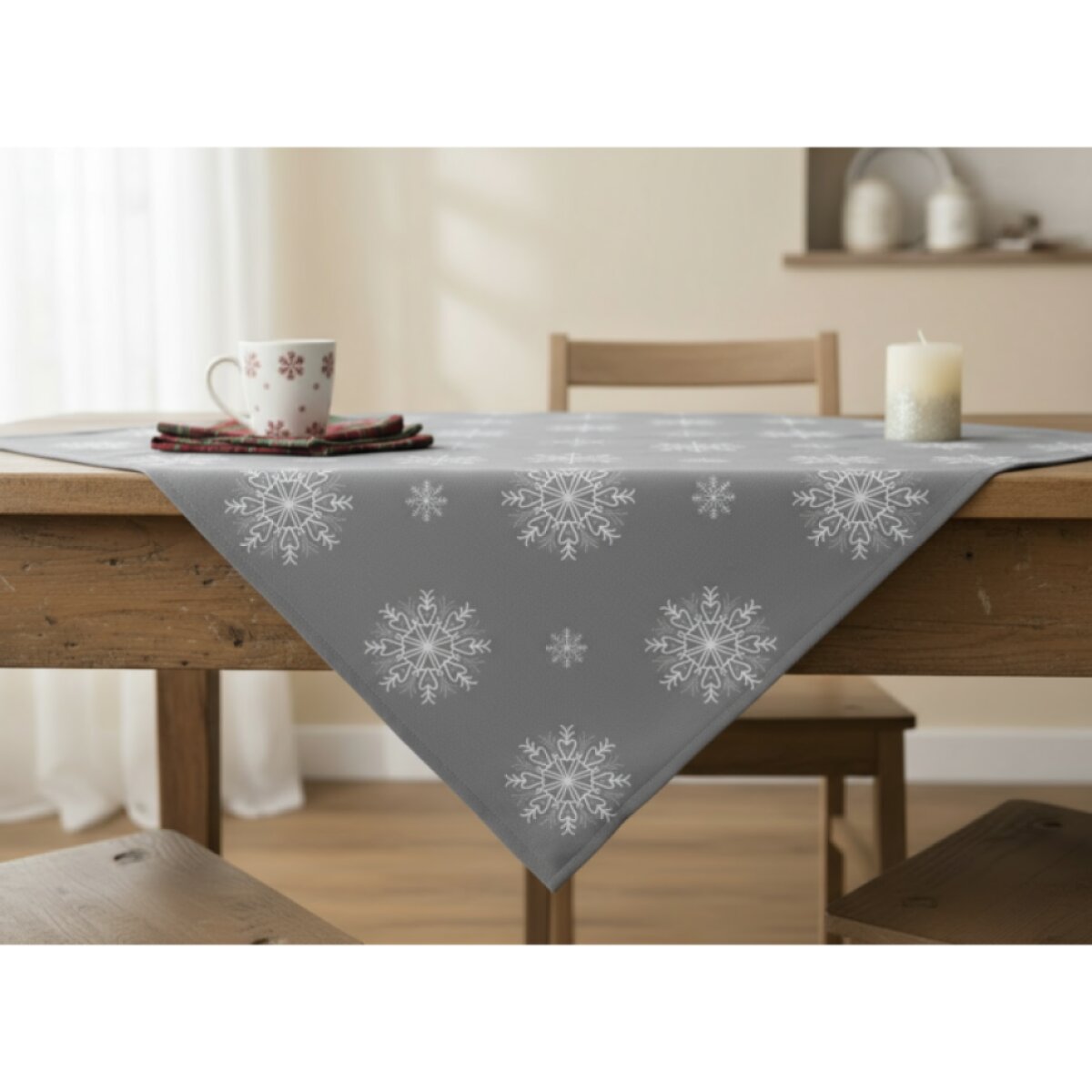 Vánoční ubrus na stůl SNOWFLAKE světle šedá 85x85 cm