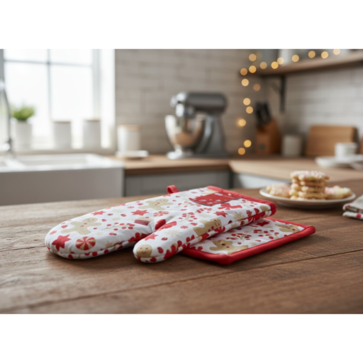 Vánoční kuchyňská rukavice a chňapka CHRISTMASSY bílá/červená – 2 ks