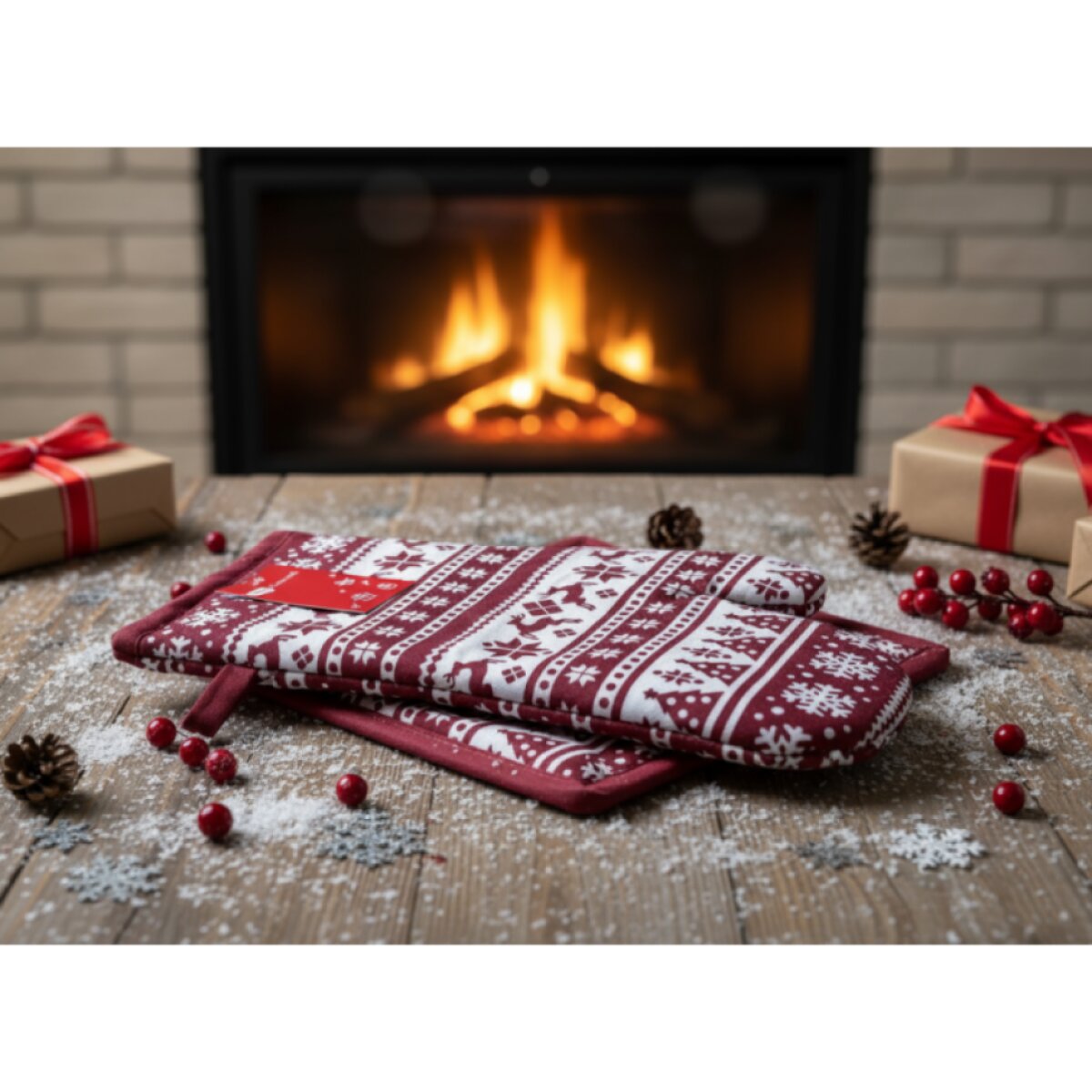 Vánoční kuchyňská rukavice a chňapka CHRISTMASSY bílá/vínová – 2 ks