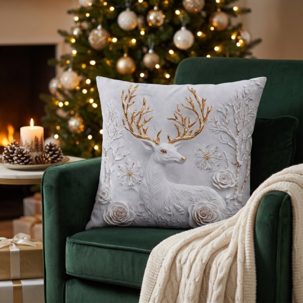 Vánoční povlak na polštář CHRISTMAS DEER 3D 40x40 cm, stříbrný efekt,