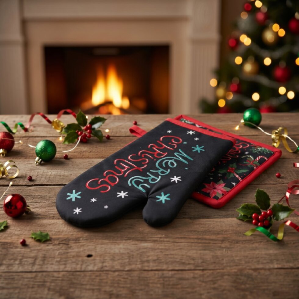 Vánoční kuchyňská rukavice a chňapka CHRISTMASSY modrá – 2 ks