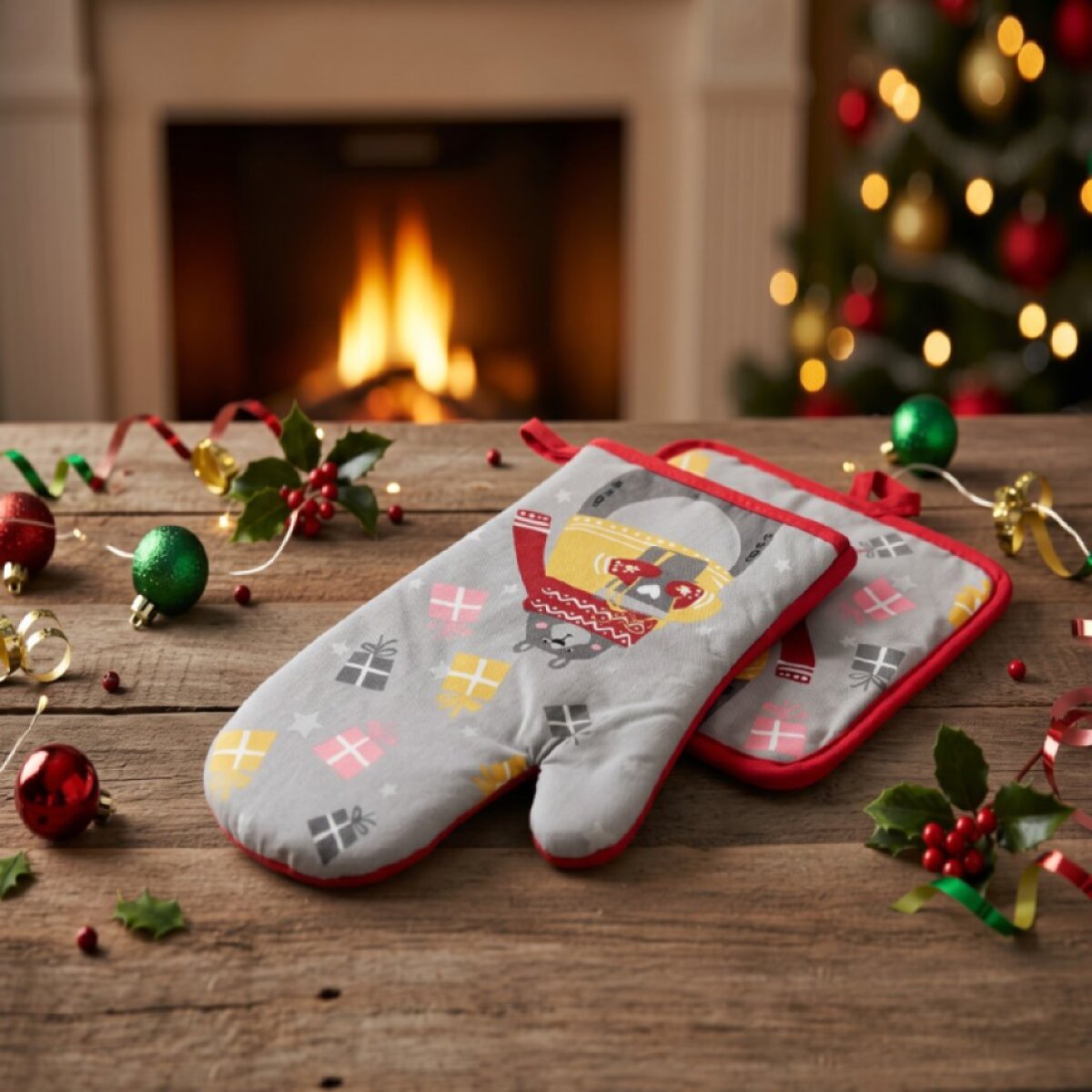 Vánoční kuchyňská rukavice a chňapka WINTER JOY šedá – 2 ks