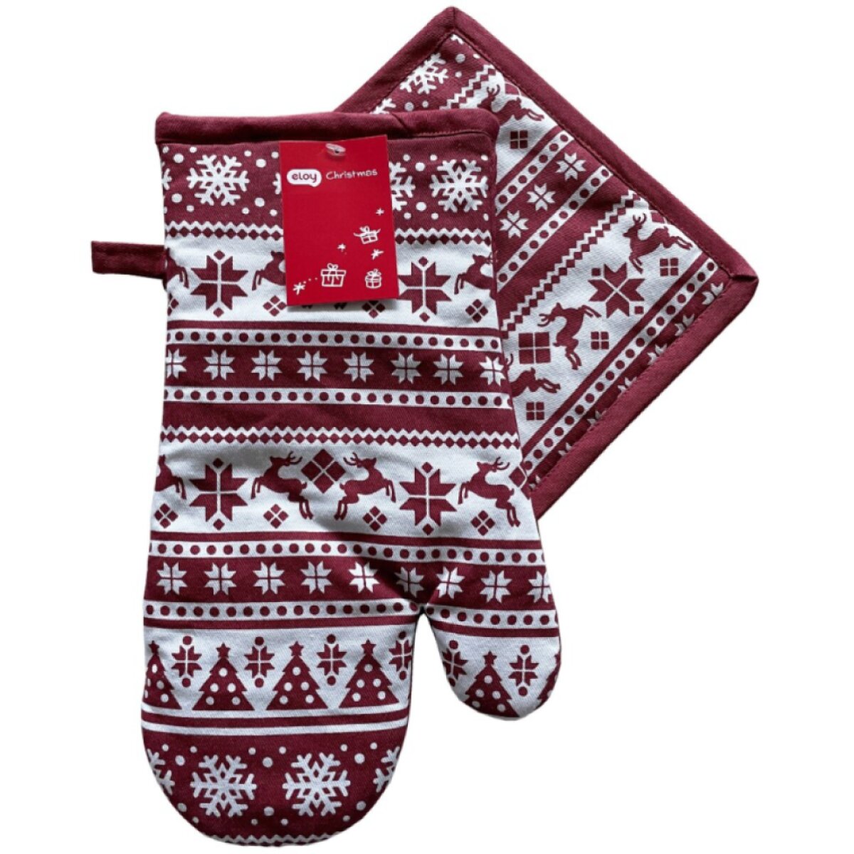 Vánoční kuchyňská rukavice a chňapka CHRISTMASSY bílá/vínová – 2 ks