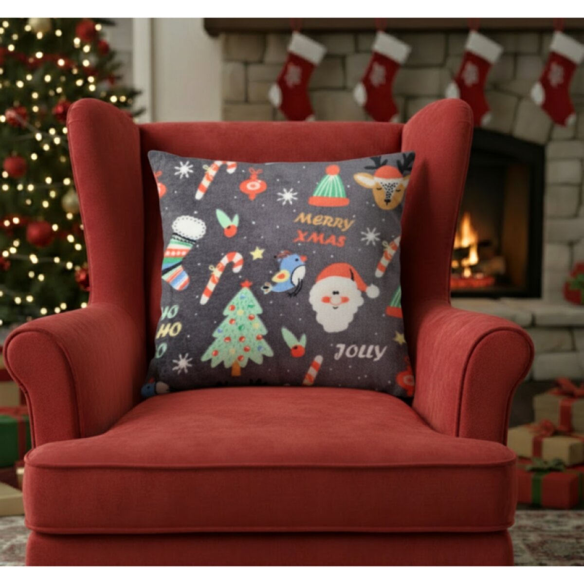 Vánoční povlak na polštář JINGLE SANTA šedá 40x40 cm mikrovlákno