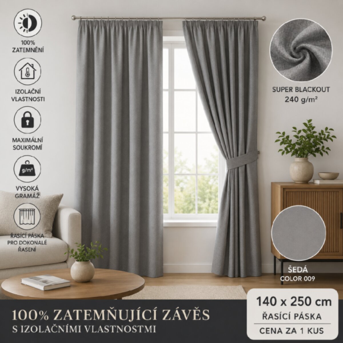 100% zatemňující závěs 140×250 cm SUPER BLACKOUT šedý 009 s řasící páskou