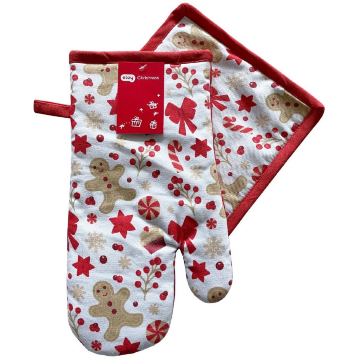 Vánoční kuchyňská rukavice a chňapka CHRISTMASSY bílá/červená – 2 ks