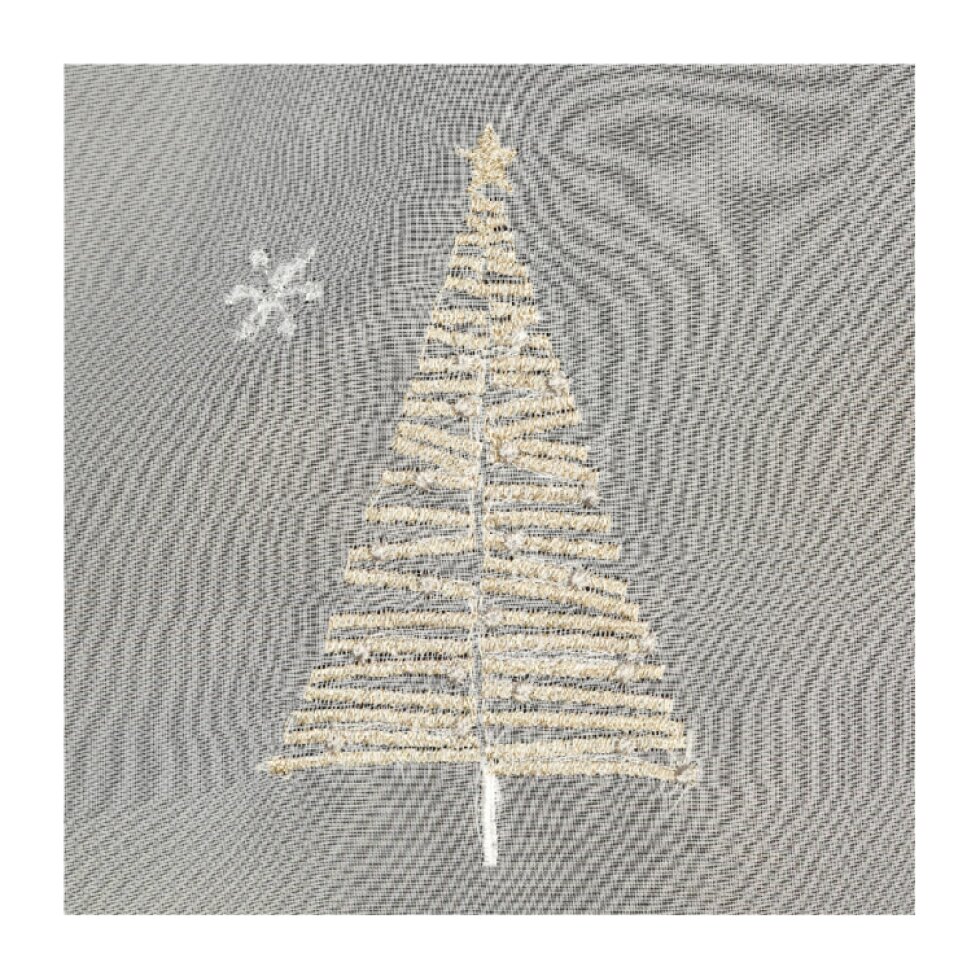 Vánoční voálová záclona MAGIC se zlatou výšivkou stromečků 350 × 145 cm