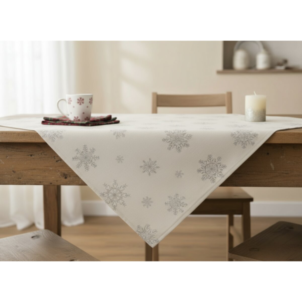 Vánoční ubrus na stůl SNOWFLAKE krémová/stříbrná 85x85 cm