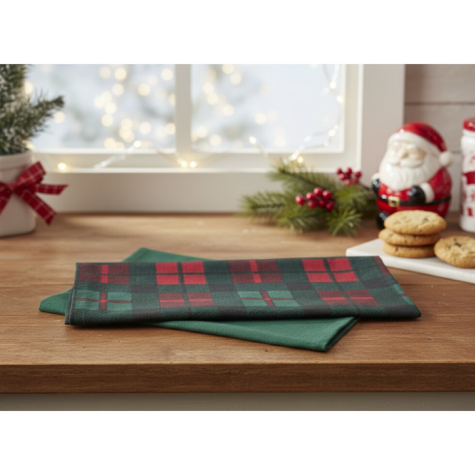 Sada vánočních kuchyňských utěrek FESTIVE FEAST 45 × 65 cm kostky/zelená – 2 ks
