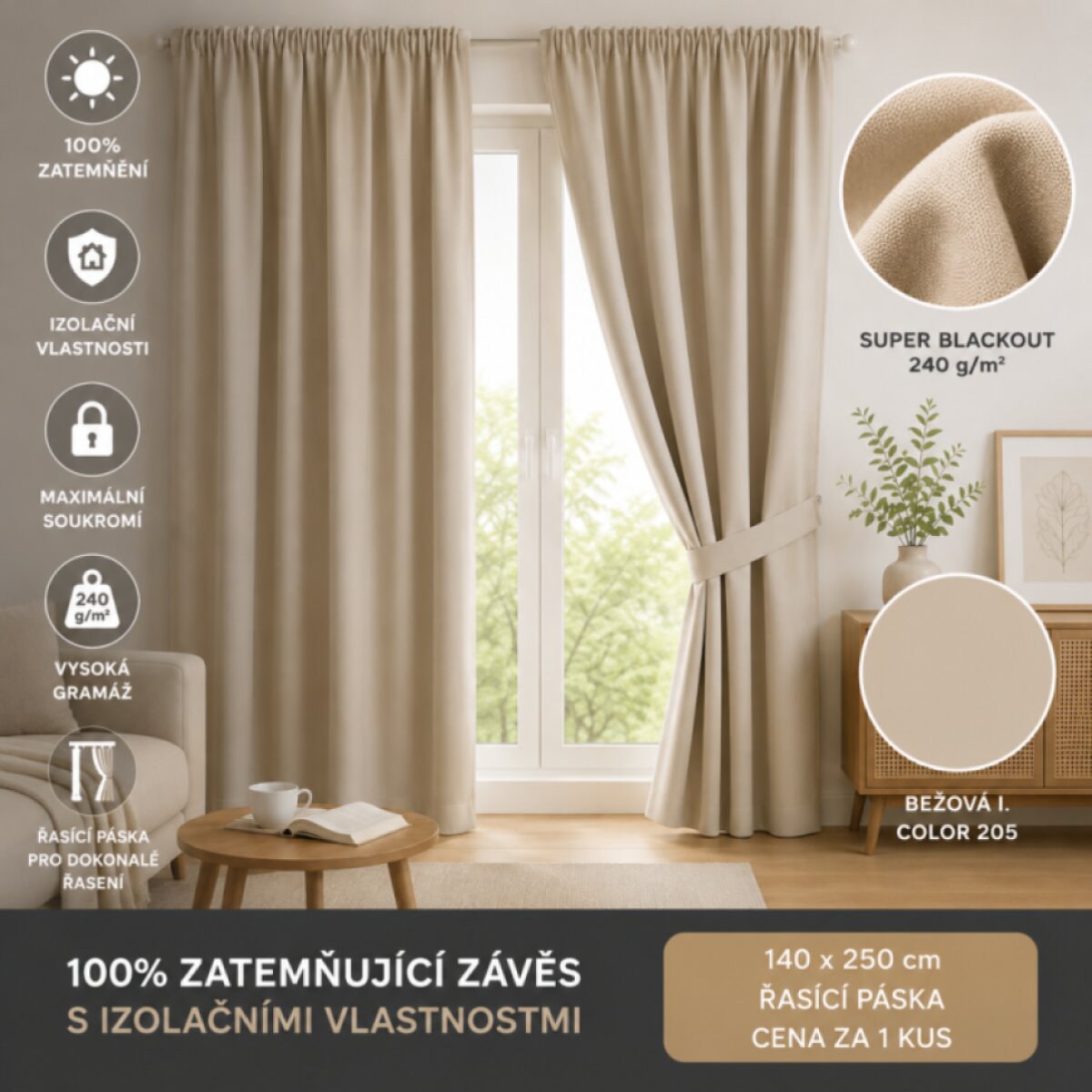 100% zatemňující závěs 140×250 cm SUPER BLACKOUT béžový 205 s řasící páskou