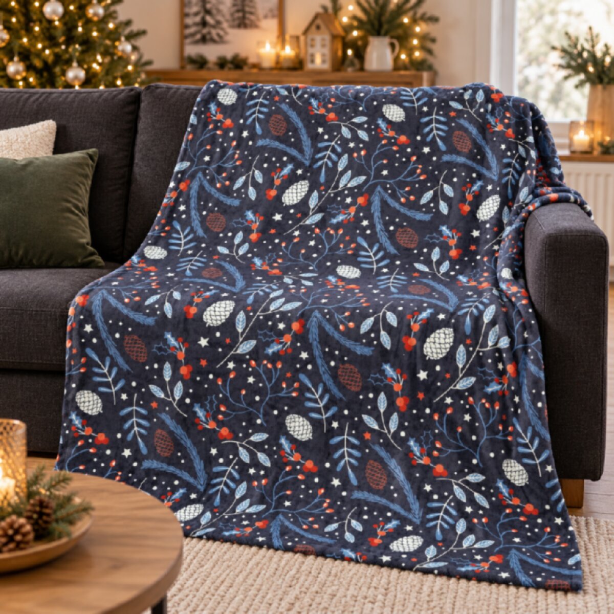 Vánoční deka z mikrovlákna XMAS TIME modrá motiv E 150x200 cm