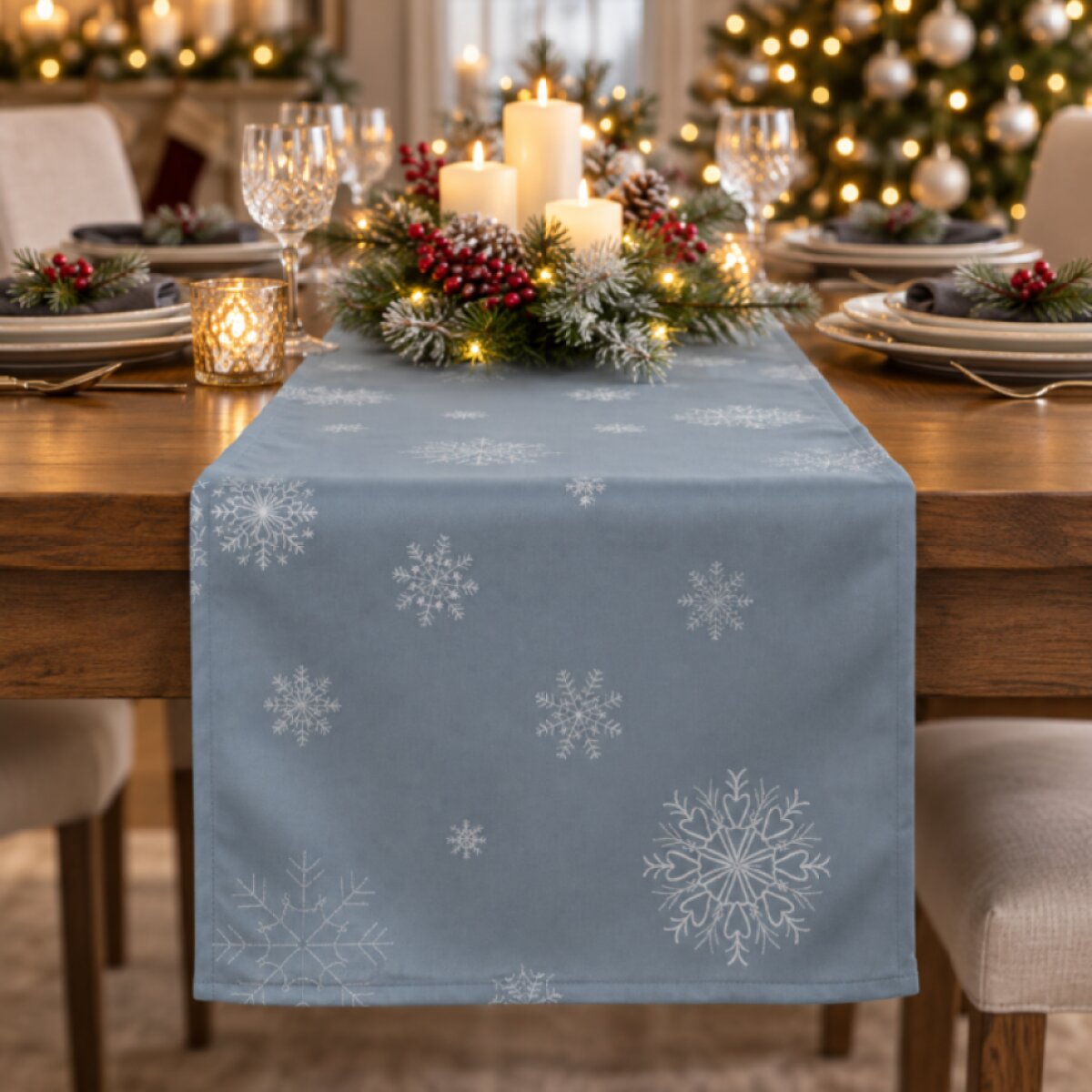 Vánoční běhoun na stůl SNOWFLAKE světle modrá 40x160 cm