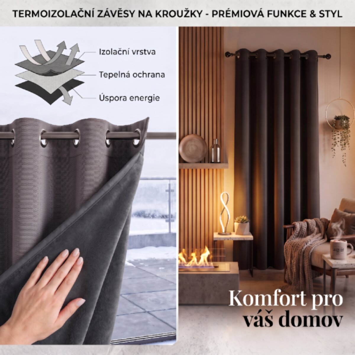 Termoizolační blackout závěs POLAIRE béžový 140×260 cm na kroužky