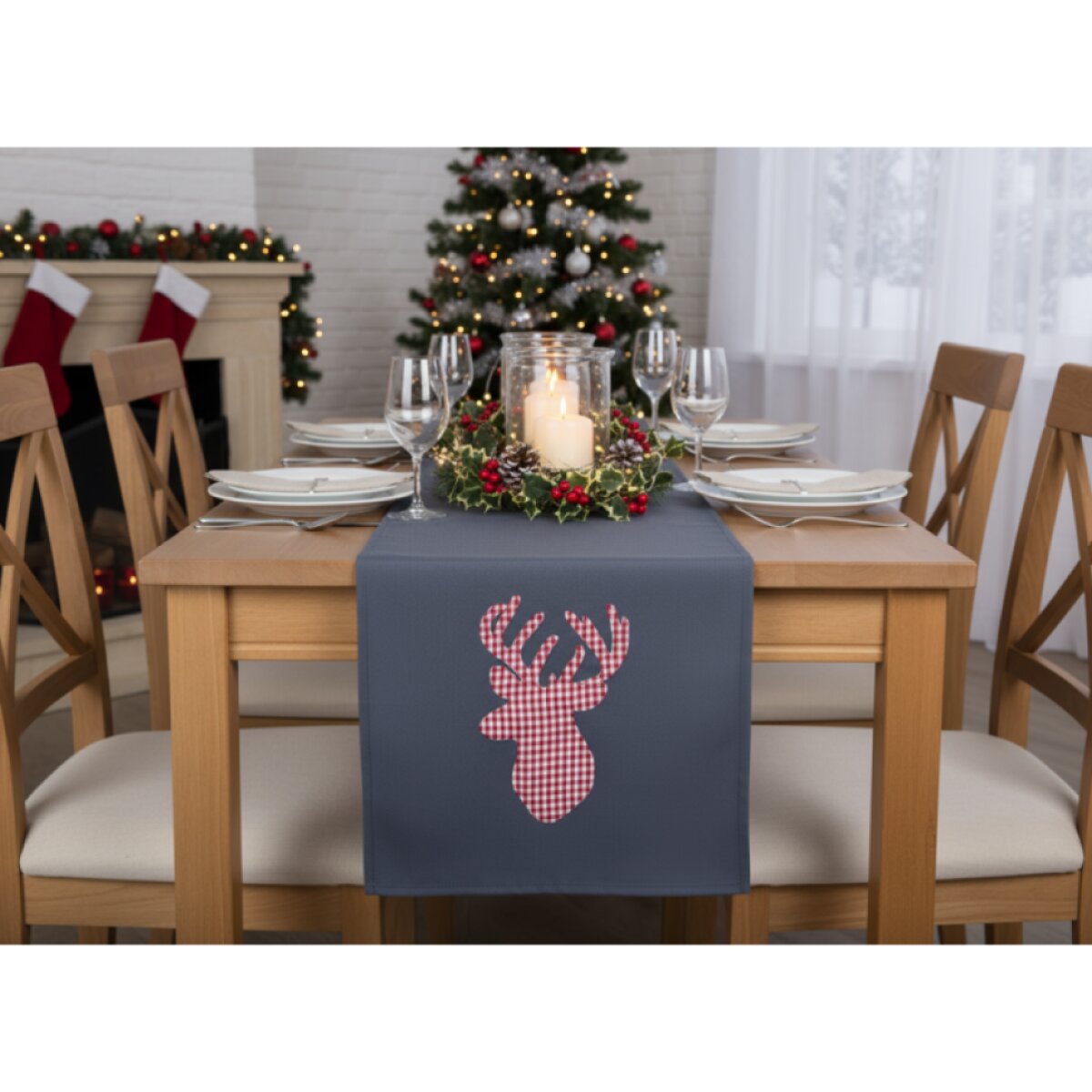 Vánoční běhoun na stůl CHRISTMAS DEER šedá 35x175 cm