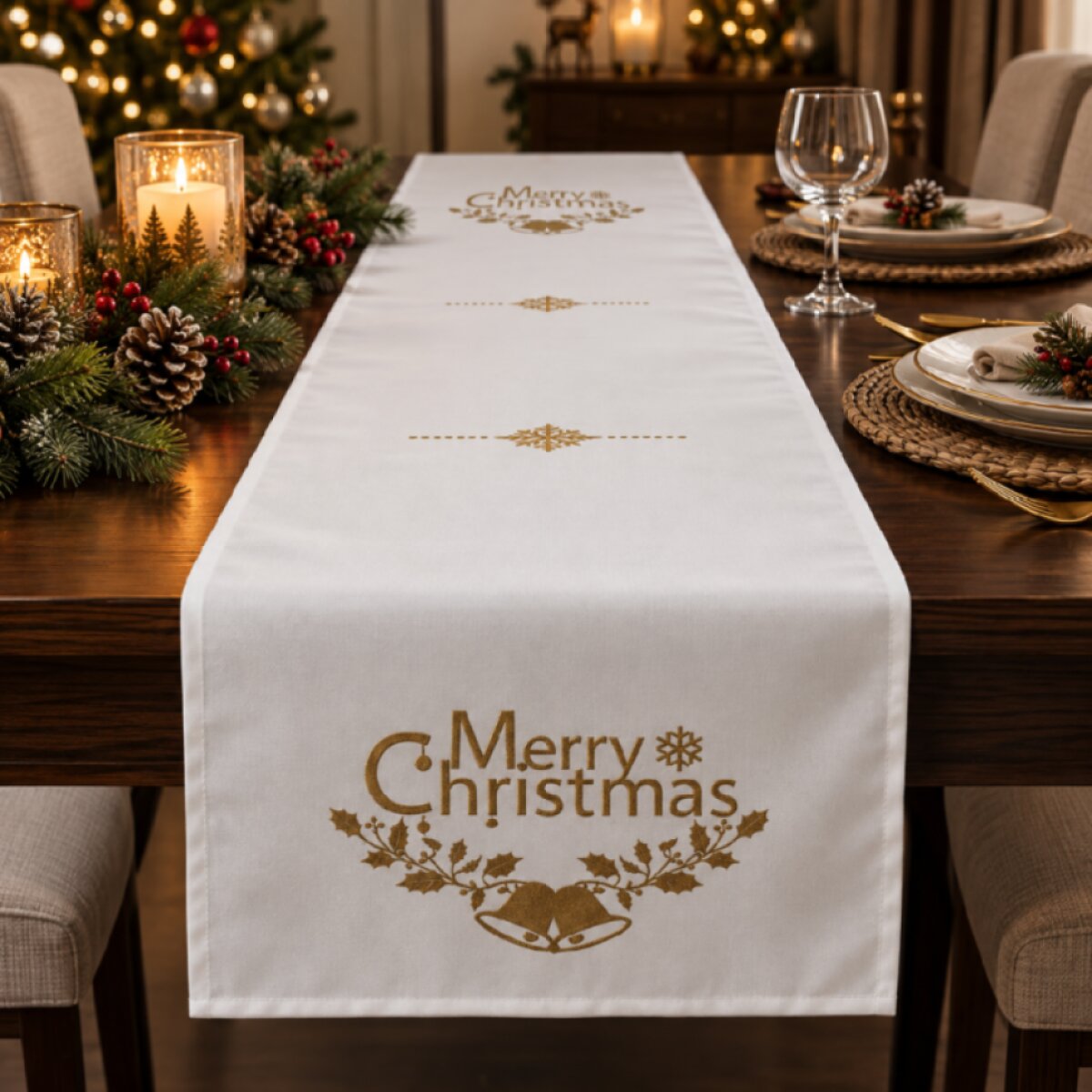 Vánoční běhoun na stůl HOLLY CHRISTMAS bílá 35x180 cm