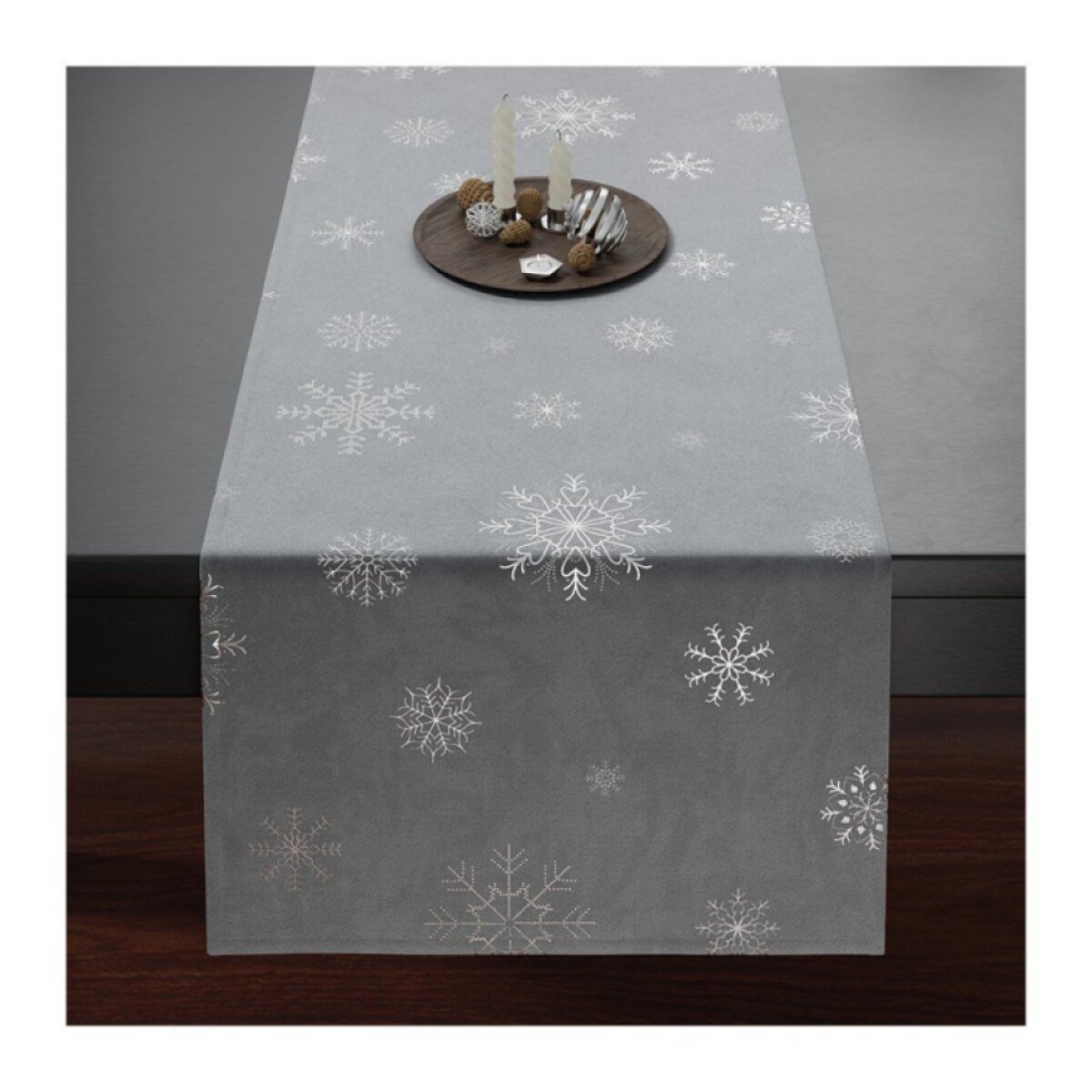 Vánoční běhoun na stůl SNOWFLAKE světle šedá 40x140 cm