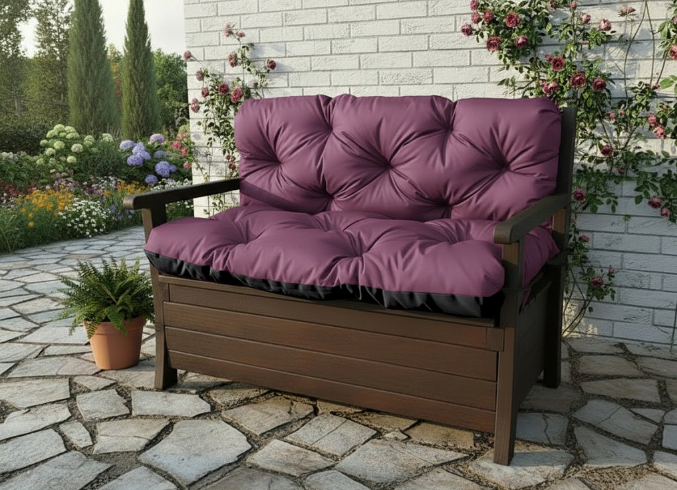 Prošívané sezení JONAS color 15 ŠVESTKOVÁ různé rozměry, polstr na zahradní lavici - sedák s opěrkou, Mybesthome