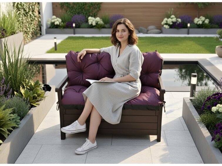 Prošívané sezení JONAS color 15 ŠVESTKOVÁ různé rozměry, polstr na zahradní lavici - sedák s opěrkou, Mybesthome