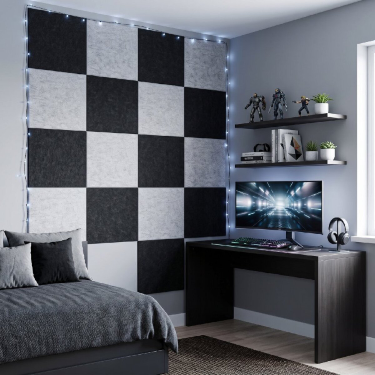 Dekorativní filcový nástěnný panel CROSS šedá 40x40 cm čtverec - Cena za 2 kusy v balení