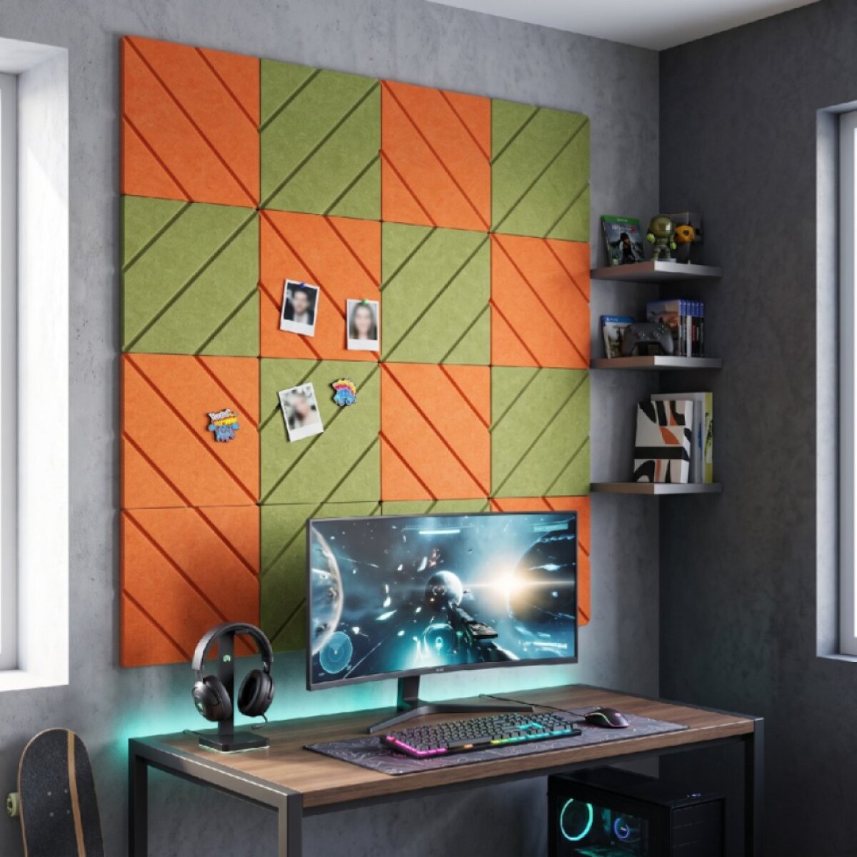 Dekorativní filcový nástěnný panel CROSS DESIGN zelená 40x40 cm čtverec - Cena za 2 kusy v balení