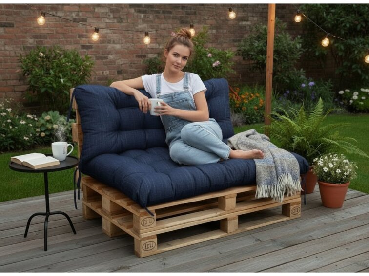 Paletové prošívané sezení DENIM PIETRO SET - sedák 120x80 cm, opěrka 120x40 cm, color 04 tmavě modrá, Mybesthome