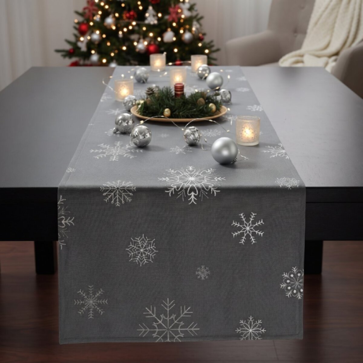 Vánoční běhoun na stůl SNOWFLAKE tmavě šedá 40x140 cm