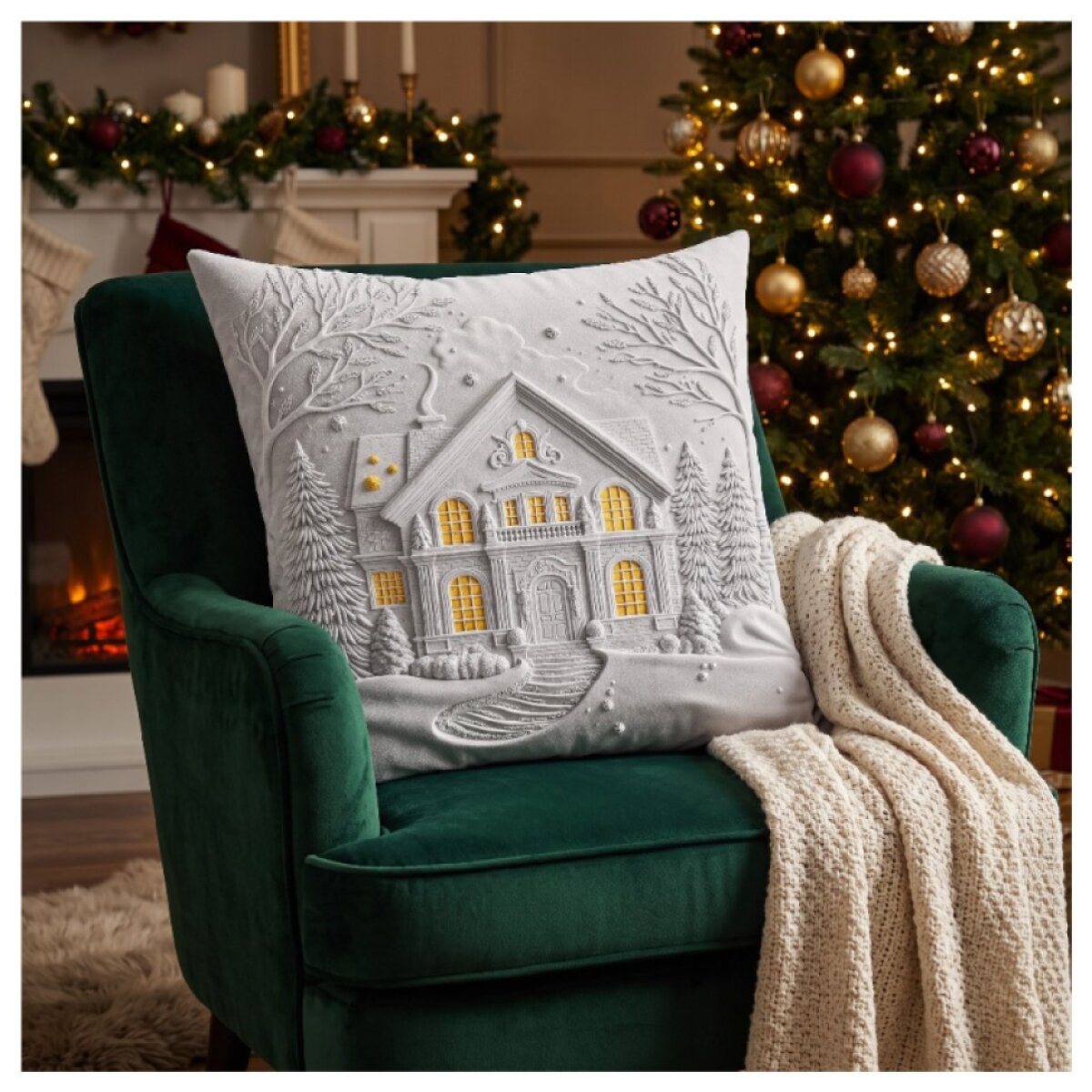 Vánoční povlak na polštář CHRISTMAS HOUSE 3D 40x40 cm, stříbrný efekt,