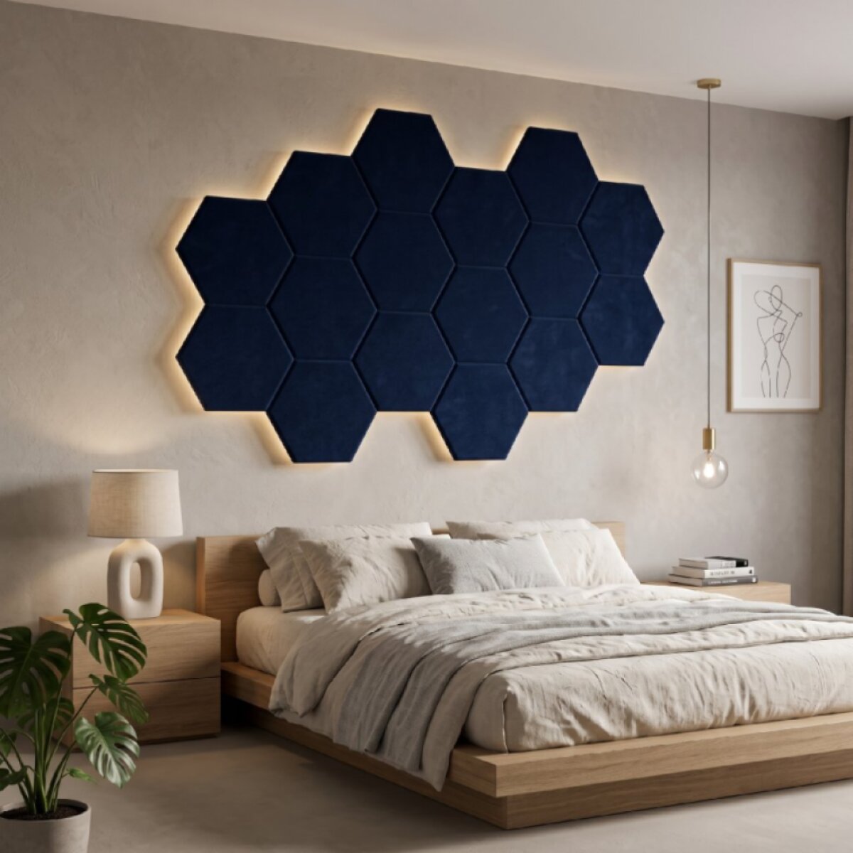 Čalouněný nástěnný panel HEXAGON více rozměrů tmavě modrá MyBestHome
