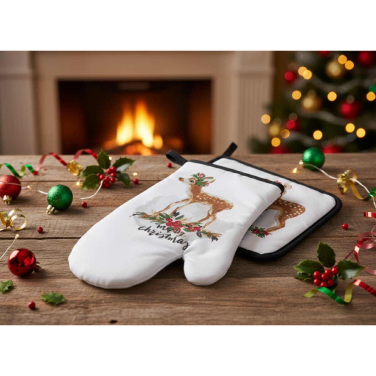 Vánoční kuchyňská rukavice a chňapka JINGLE BELLS bílá/červená – 2 ks