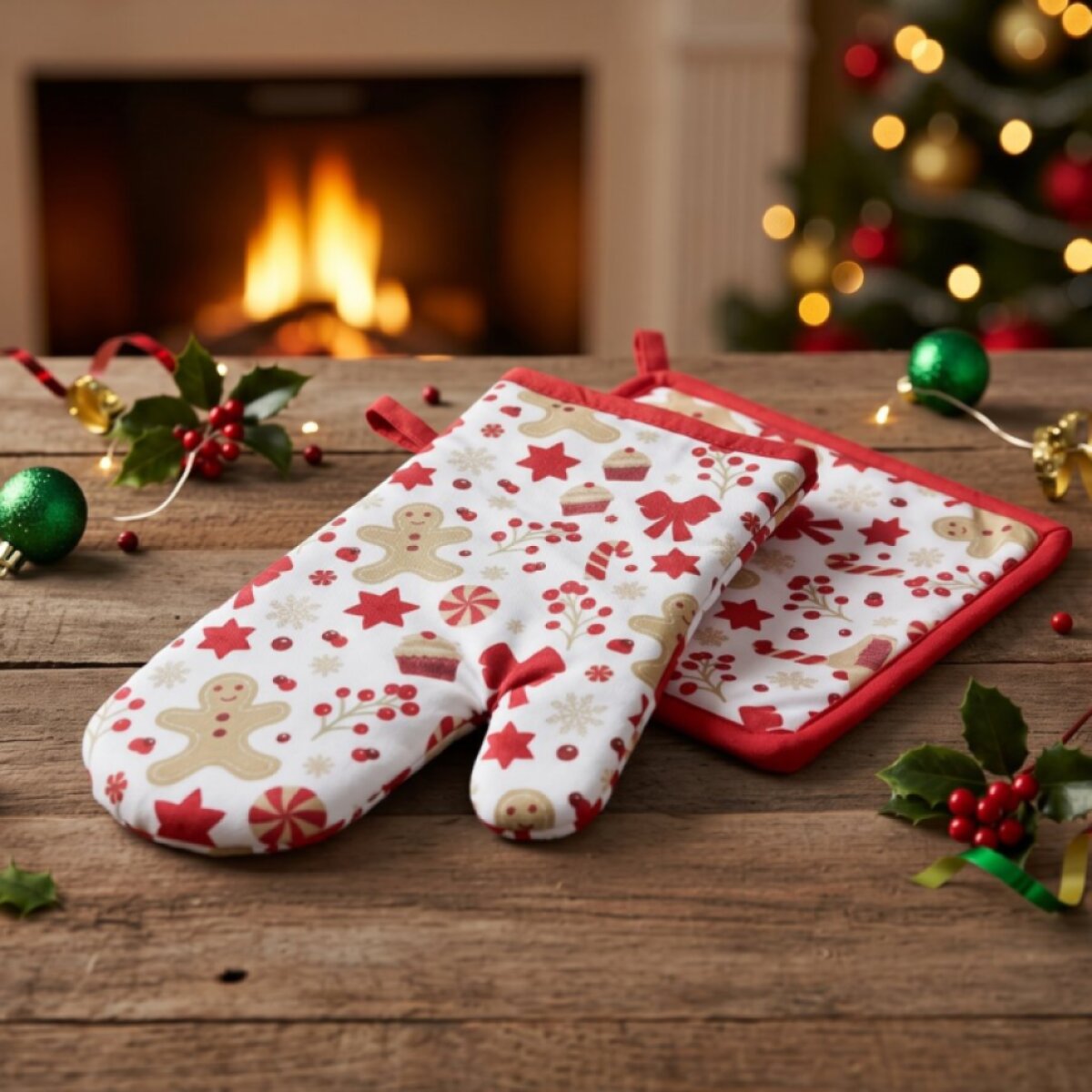 Vánoční kuchyňská rukavice a chňapka CHRISTMASSY bílá/červená – 2 ks