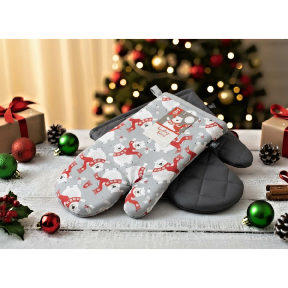 Vánoční kuchyňské rukavice SMILING XMAS šedá 18x30 cm – 2 ks