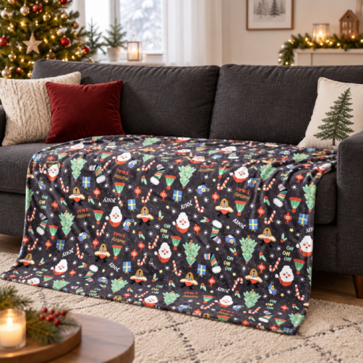 Vánoční deka z mikrovlákna JINGLE SANTA šedá 150x200 cm