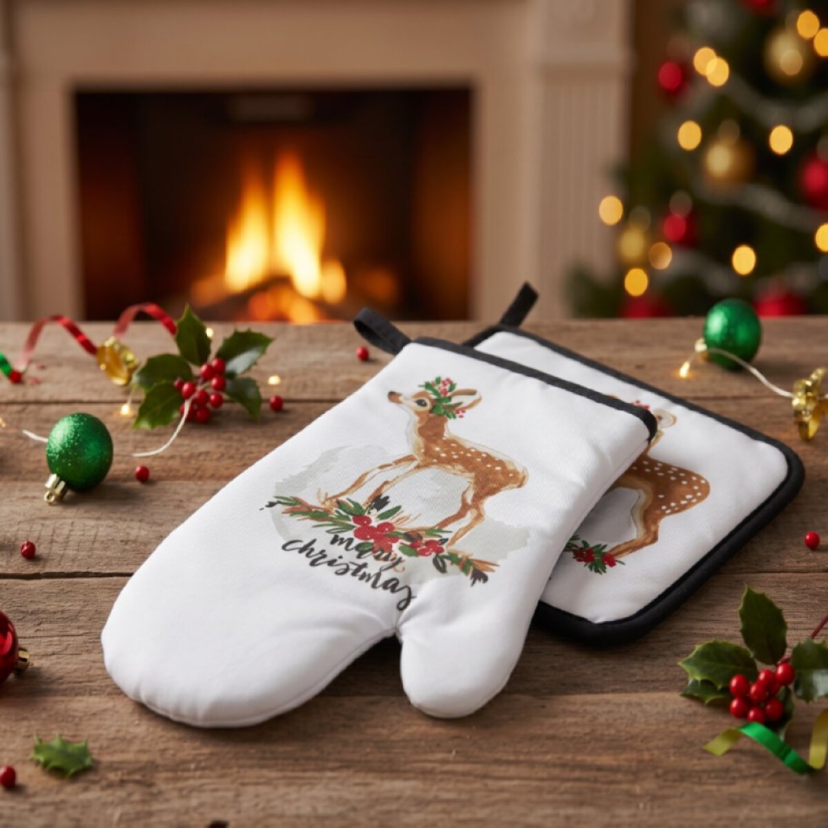 Vánoční kuchyňská rukavice a chňapka JINGLE BELLS bílá/červená – 2 ks