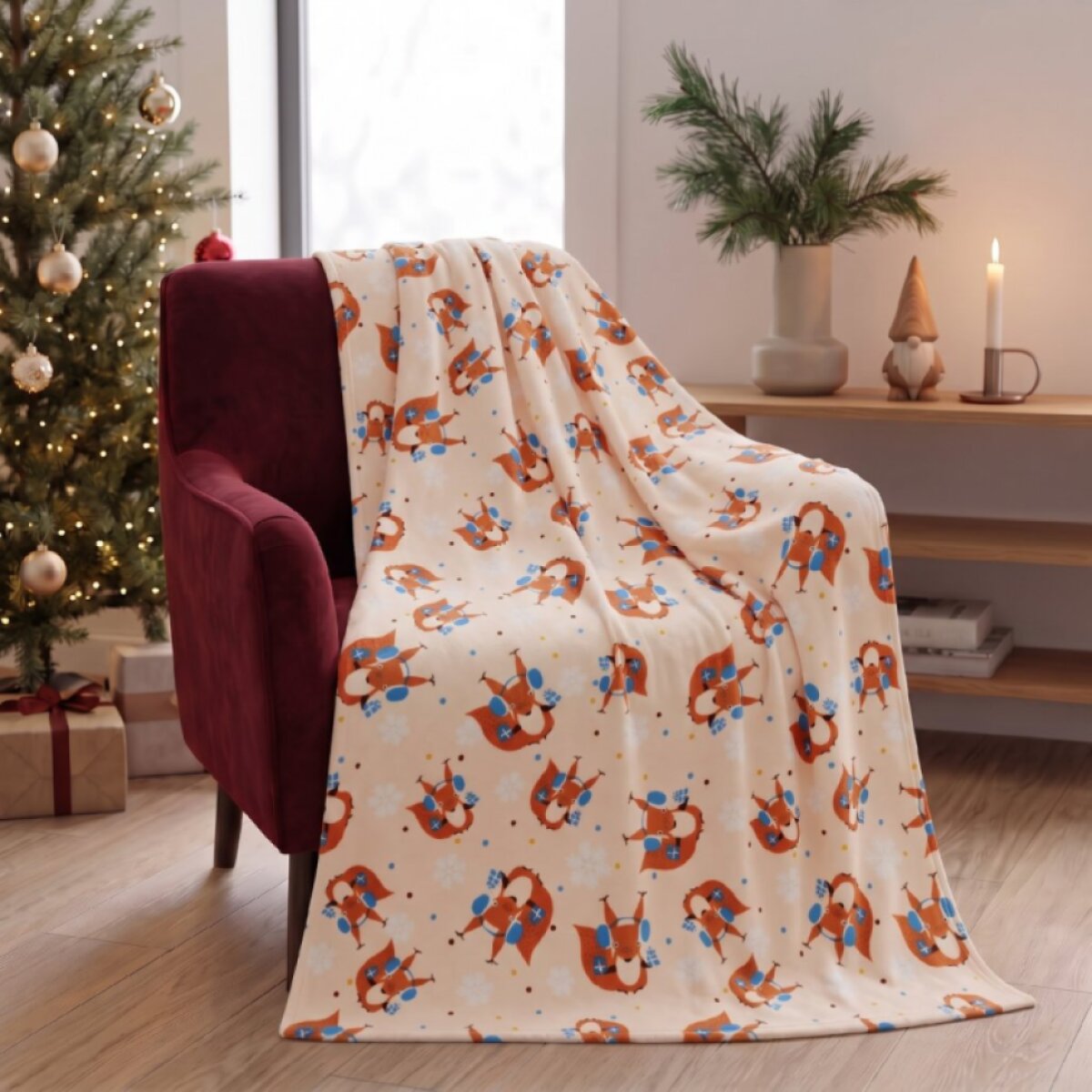 Vánoční deka z mikrovlákna X-MAS FRIENDS motiv veverka se sluchátky 150x200 cm