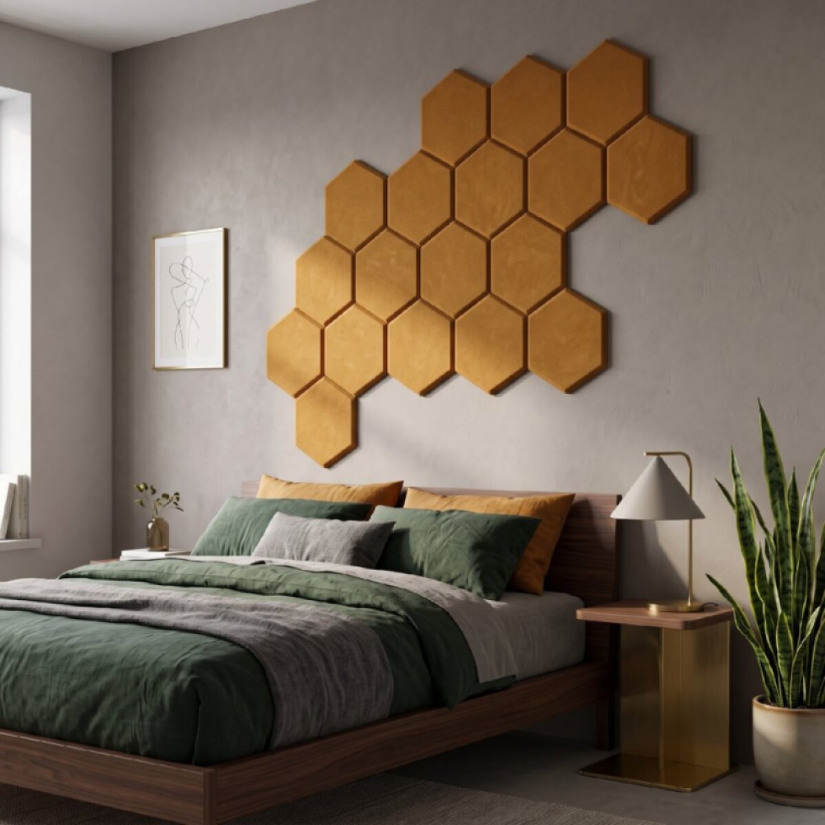 Čalouněný nástěnný panel HEXAGON více rozměrů mustard/hořčicová MyBestHome