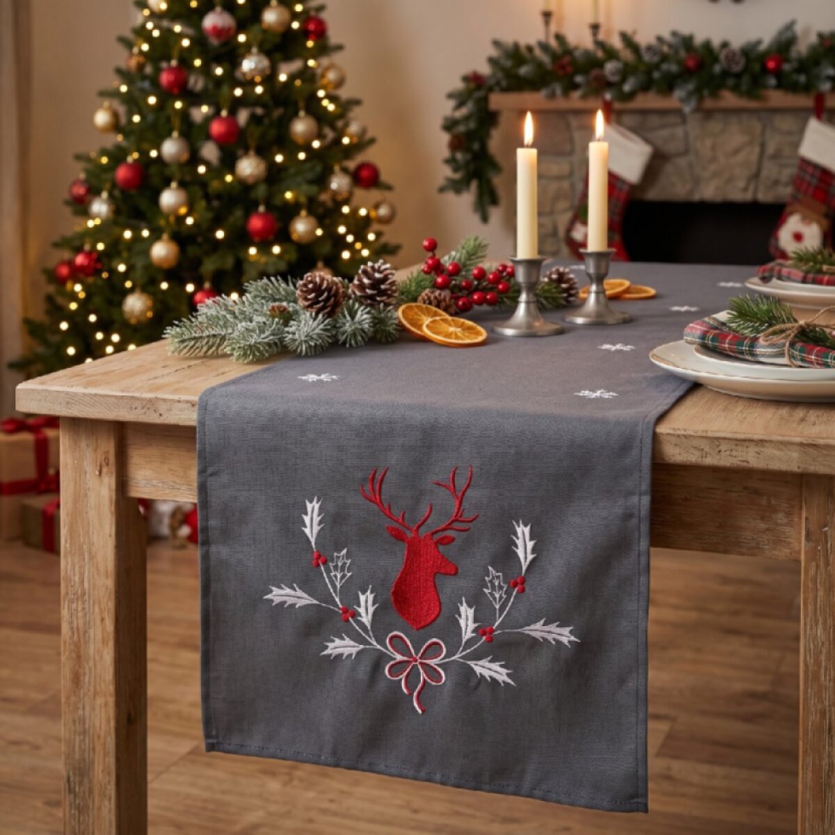 Vánoční běhoun na stůl DEER 40x140 cm, tmavě šedá