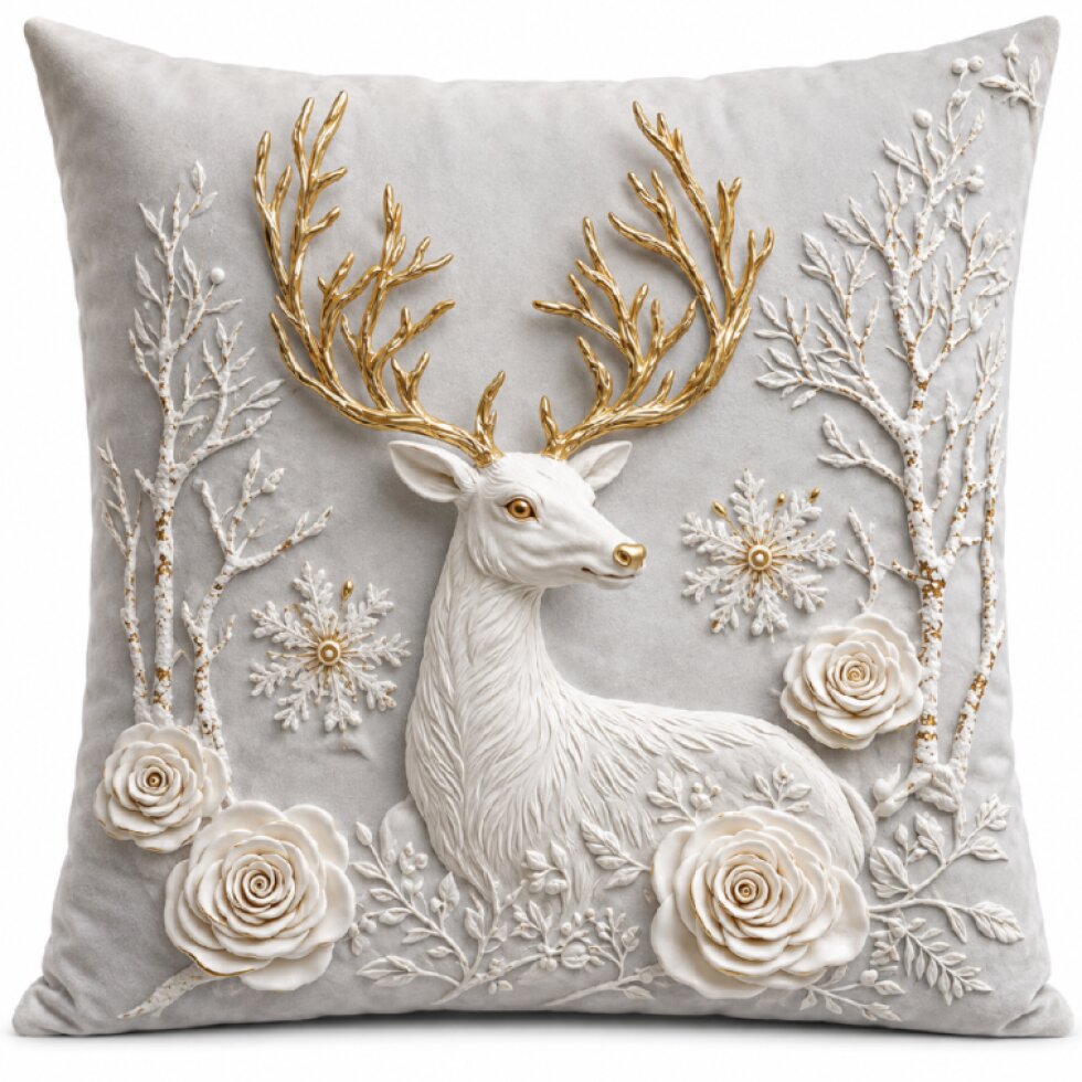 Vánoční povlak na polštář CHRISTMAS DEER 3D 40x40 cm, stříbrný efekt,