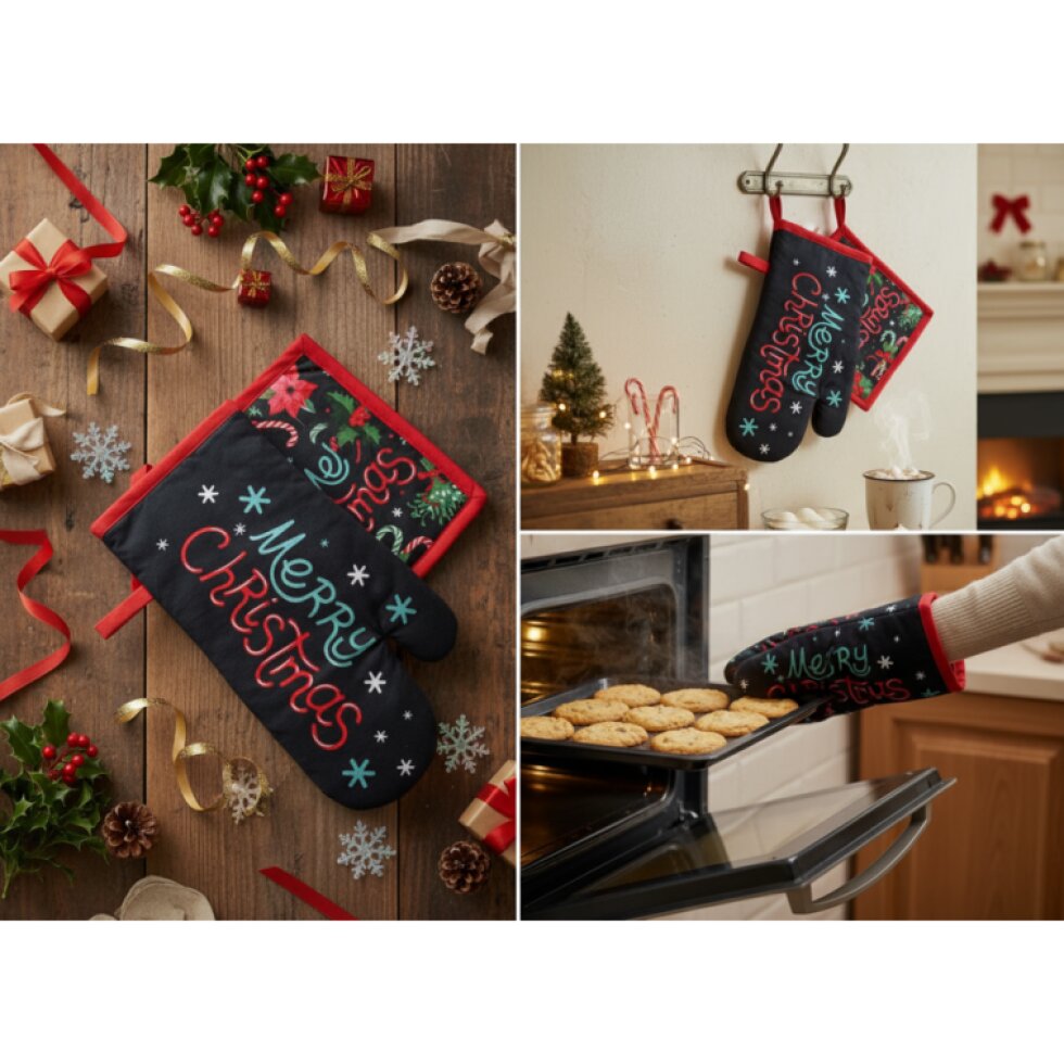 Vánoční kuchyňská rukavice a chňapka CHRISTMASSY modrá – 2 ks