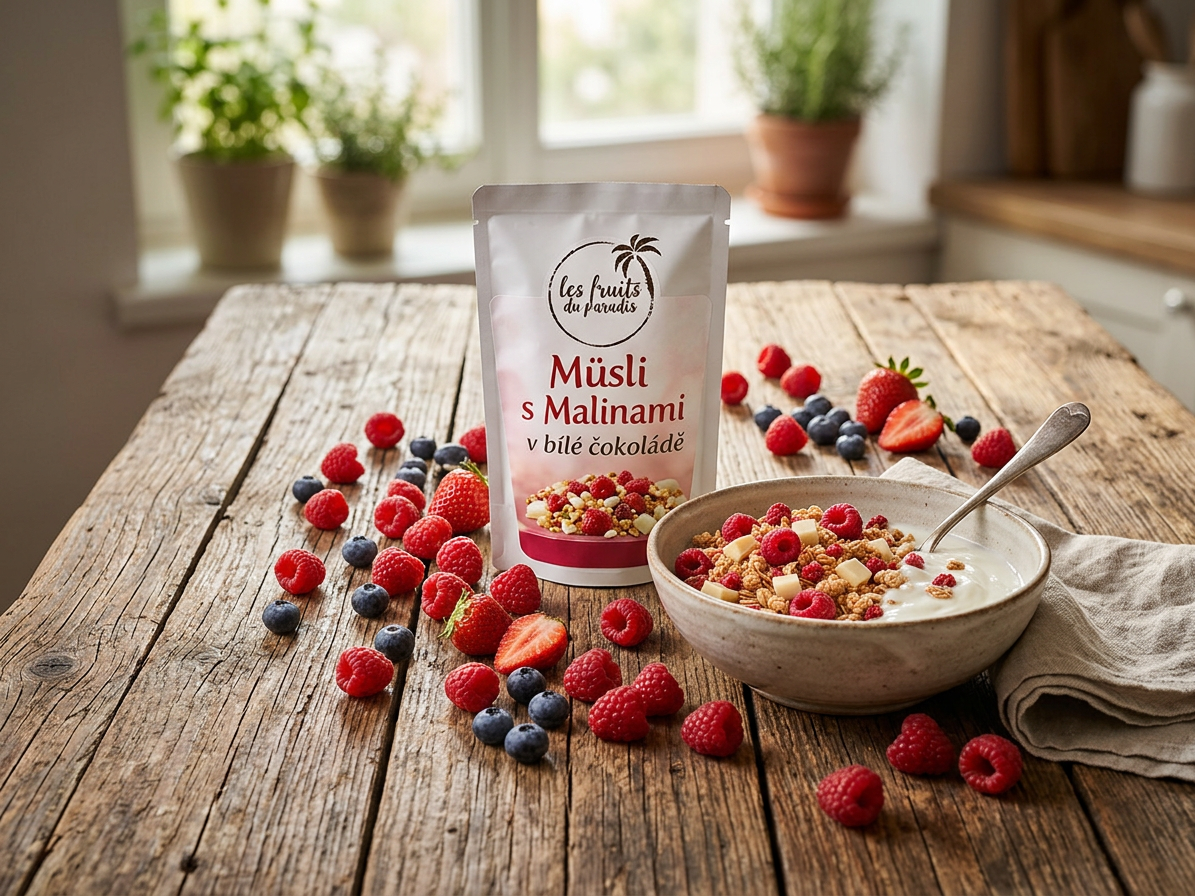 Müsli s Malinami v bílé čokoládě 300 g LES FRUITS DU PARADIS