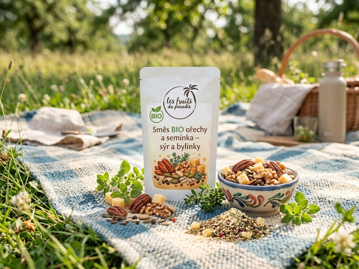 Ořechovo semínková směs BIO – s příchutí sýra a bylinek 300 g LES FRUITS DU PARADIS