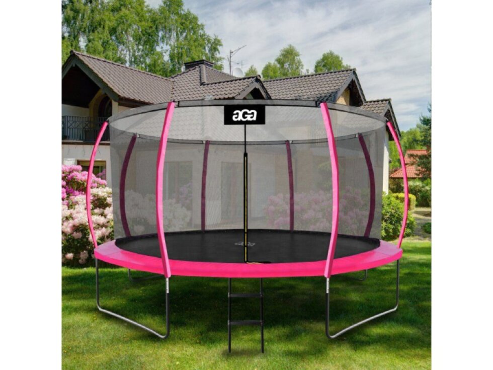 Aga Trampolína SPORT EXCLUSIVE Kompletní, 366 cm, Růžová, Vnitřní síť, Nosnost 180 kg, 72 pružin, Ocelová konstrukce, Výška 256 cm