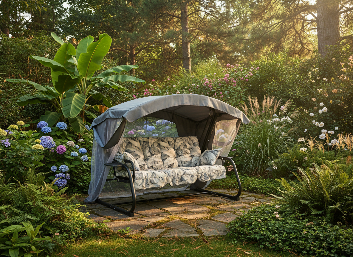Zahradní houpačka Ravenna Lux Black Edition s moskytiérou a s bočními stolky G057-06PB PATIO