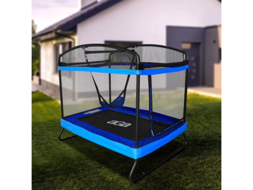 Aga Trampolína obdélníková ocelová bezpečná, 122x183 cm, vnitřní síť, nosnost 100 kg, 38 pružin, tmavě modrá, výška 155 cm
