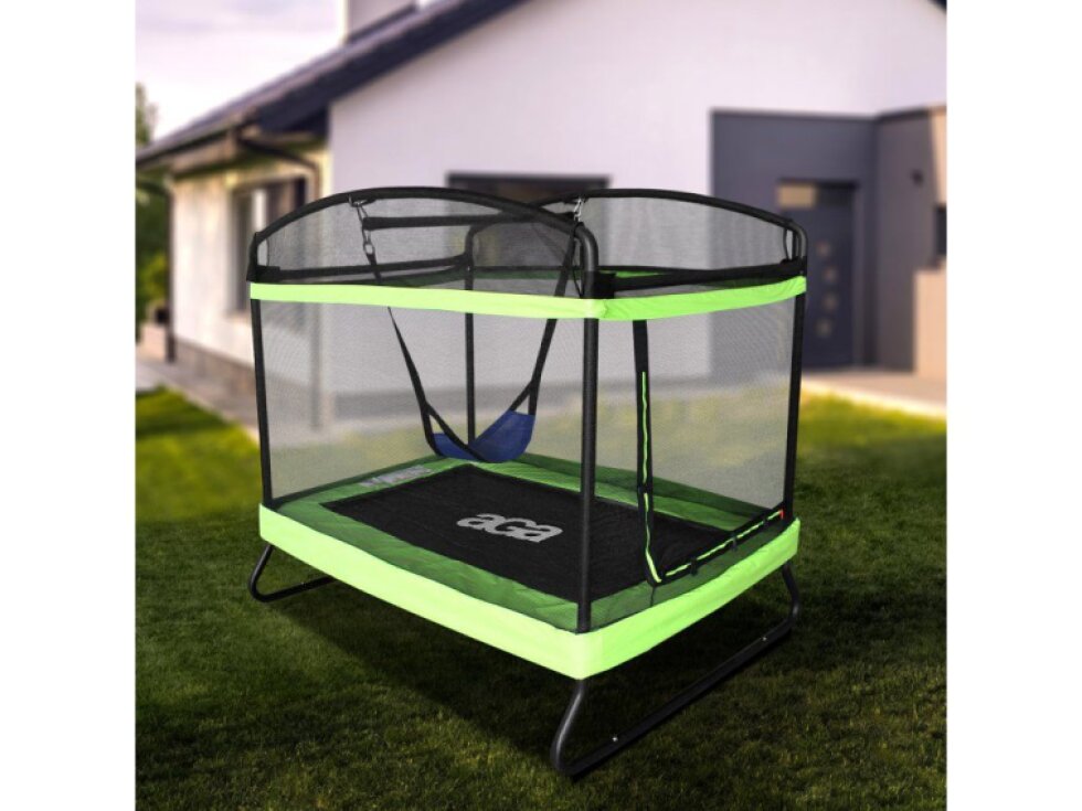 Aga Obdélníková trampolína s ochrannou sítí Odolná, 122x183 cm, Světle zelená, vnější síť, 100 kg, 38 pružin
