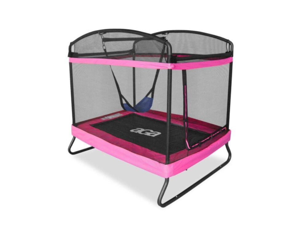 Aga Obdélníková trampolína, 122x183 cm, s vnější ochrannou sítí, nosnost 100 kg, růžová, výška 256 cm, 38 pružin