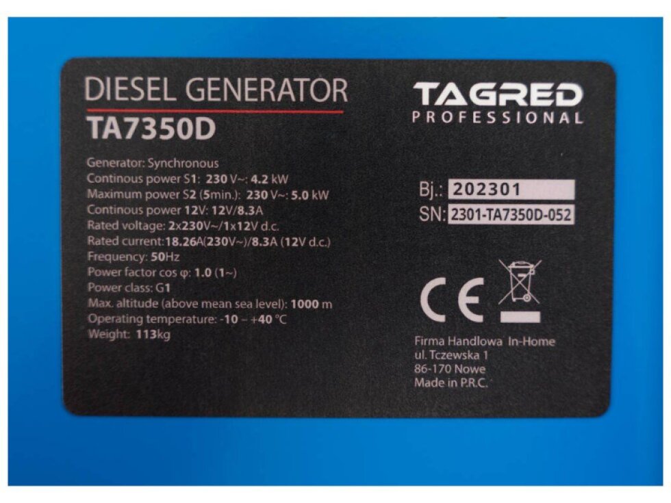 Elektrocentrála TAGRED s dieselovým motorem 7350W 10HP, JEDNOFÁZOVÁ, TA7350D