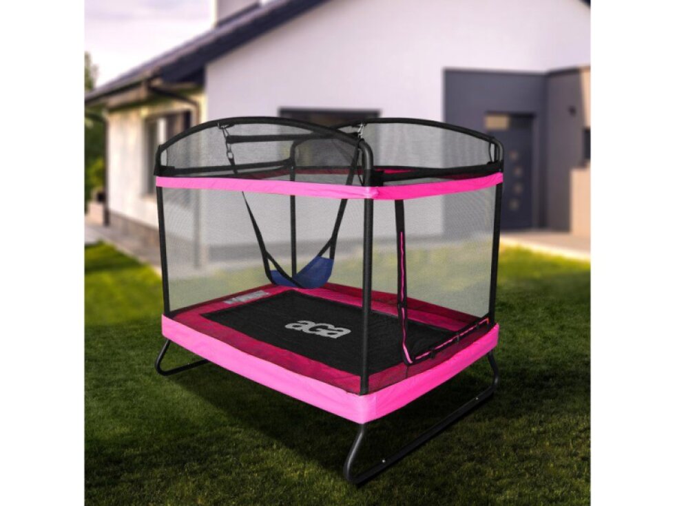 Aga Obdélníková trampolína, 122x183 cm, s vnější ochrannou sítí, nosnost 100 kg, růžová, výška 256 cm, 38 pružin