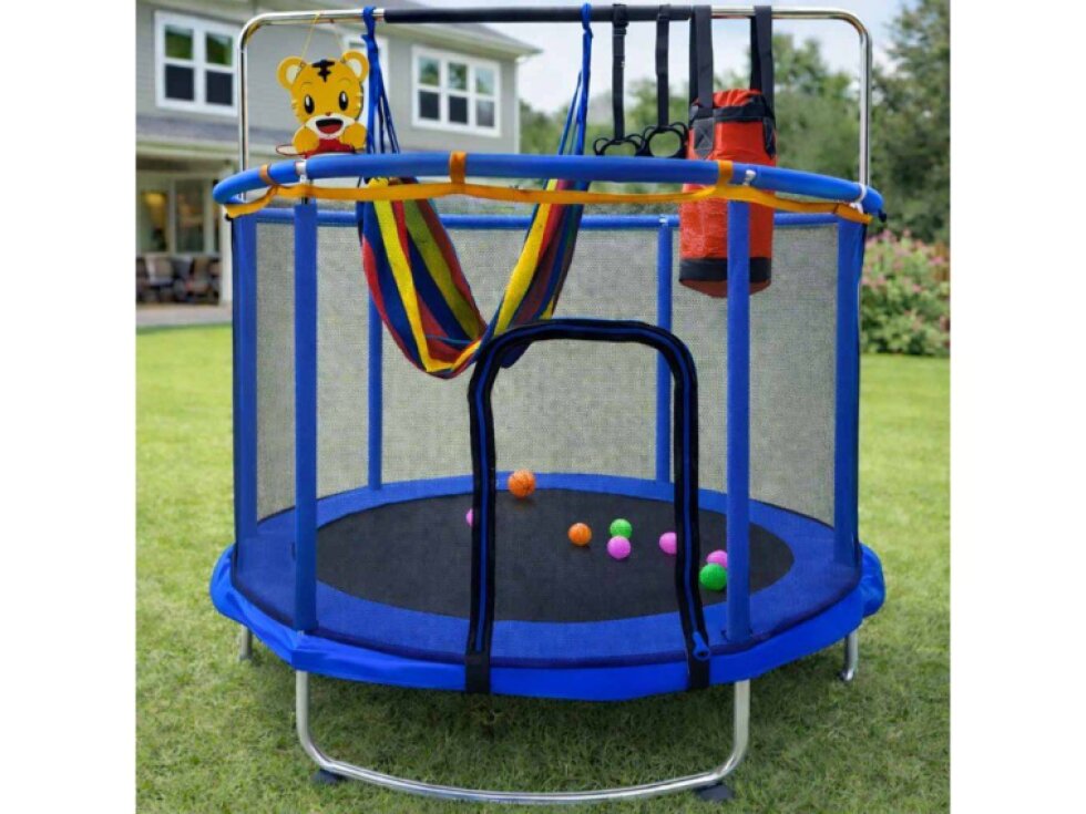 Tomido Trampolína zahradní dětská, síť, míče, basketbal, 150 cm, modrá